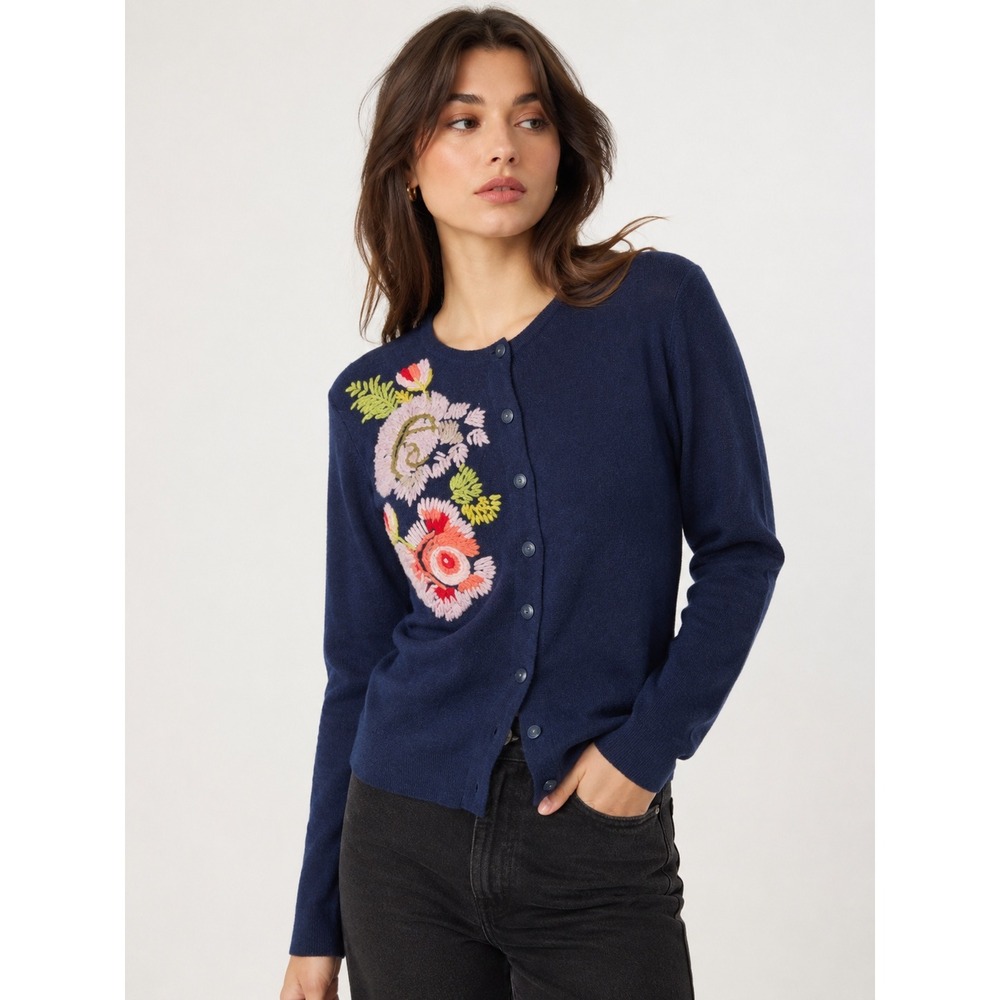 Karen Nicol Navy Floral Embroidered Wool Cardigan Sweater L Cottage Twee Whimsi